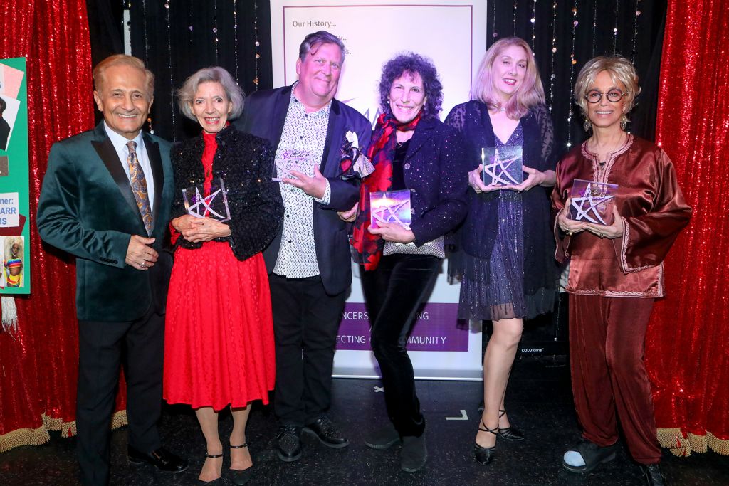 DO40 prez John Sefakis with 2021 Legacy Honorees Susan Sigrist, Tony Waag, Sue Samuels, Mary McCatty and Mercedes Ellington