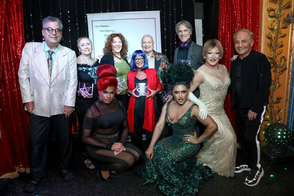 Our Legacy Award Honorees, Jean Preece, Joanna Rush, Jill Cook, Joe Ahumada and for Gene Foote, Michael Bunch along with host Michael Musto, DO40 president John Sefakis and our talent for the evening, Yasmin, Egypt and Bootsie Lefaris