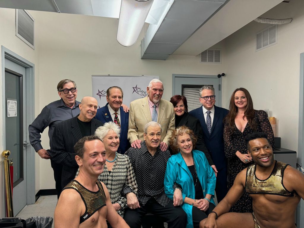 In the Green Room before the show, L to R top:  Terry LaBoit, Alex Rybeck, Dick MillerJim Brocu, Mary Callanan, Billy Stritch, Melissa Erico; L to R bottom: DO40 prez John Sefakis, Pamela Myers, Roastee Lee Roy Reams, Judy Kaye and our “pit crew,” DO40 member Scott Raneri and under 40 dancer Areis Evans (not pictured, Penny Fuller).